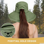 Sun Hats for Women Wide Brim Ponytail UV Protection Beach Hat Packable Waterproof Bucket Hat for Travel Hiking Gardening (Green)