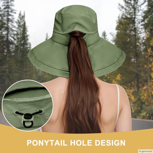 Sun Hats for Women Wide Brim Ponytail UV Protection Beach Hat Packable Waterproof Bucket Hat for Travel Hiking Gardening (Green)