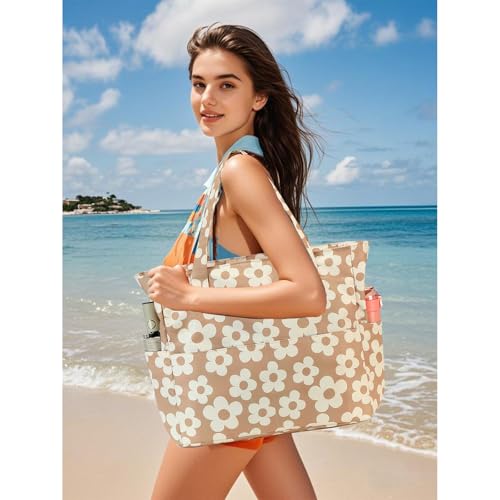 Waterproof Beach Tote Pool Bags for Women Ladies Extra Large Gym Tote Carry On Bag With Wet Compartment for Weekender Travel (Beige Floral 157)
