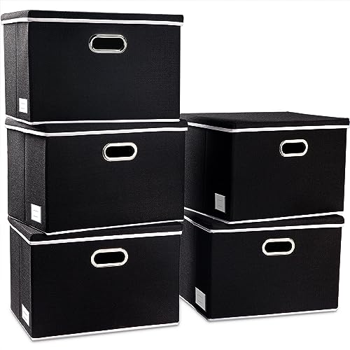 Large Foldable Storage Boxes with Lids [5 (Black / L(5-Pack))