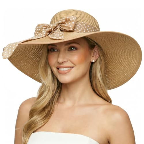Wide Brim Sun Hat for Women Floppy Straw Hat Summer Beach Hats Fashionable Trendy Hats Sun Protection UPF 50+ (1 Pc：khaki+white Dot Hat, 4.7" Brim)