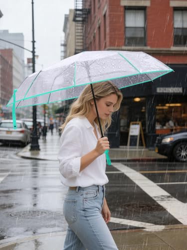 Windproof Travel Umbrellas for Rain and Sun (Clear-Mint / 1 PK)