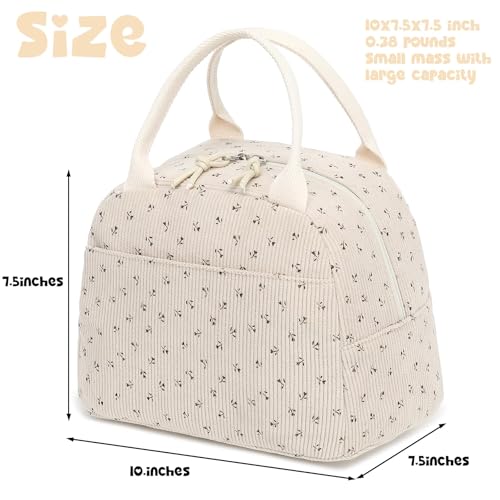 Lunch Bag for Women Men Cute Corduroy Lunch Tote Bags Reusable Insulated Lunch Box Large Capacity Reusable Insulated Cooler for Work Picnic or Travel (Red Flower Beige / 10L)