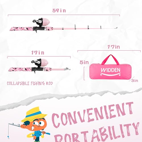 Kids Fishing Pole with Reel Beginner Kit for Boys Girls Ages 3 (Light Pink)