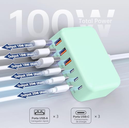 100W 6 in 1 USB Charger (Light Green)