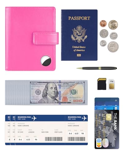 Passport Holder Wallet Cover for Travel with Airtag RFID for Women Men (Pink)