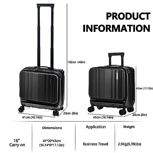 16" Carry on Luggage with 2 Laptop Compartments Airline Approved (Black / 16 Inch)