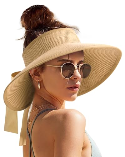 Women's Straw Sun Visor Hat UPF Wide Shade Ponytail Summer Hat (One Size / 01-popular Choice Khaki)