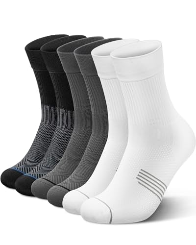 3 Pairs Running Compression Socks for Men & Women Crew Socks with Cushion (Large / Black+white+grey(3 Pairs ))