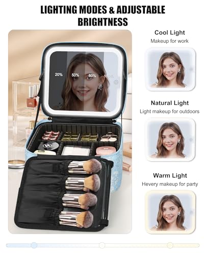 Travel Makeup Bag with LED Mirror for Women Girls (02-White Flower / 1-Small)