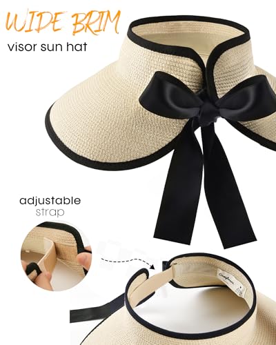 Women's Straw Sun Visor Hat UPF Wide Shade Ponytail Summer Hat (One Size / Beige)