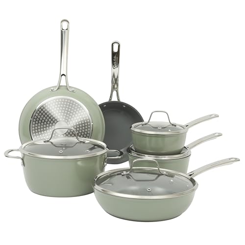Kitchen Essentials Cool Commune Hard Anodized 10 Piece PFA Free Ceramic Non stick Interior Forged Durable Aluminum Pots and Pans Cookware Set (10-Piece Cookware Set (Hard Anodized Aluminum) / Green (Hard Anodized Aluminum))