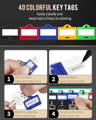 40 Position Key Cabinet with Combination Lock Resettable Black Digital Security Storage Box Steel Key Organizer with Adjustable Racks Colorful Key Tag Labels and Hooks (Black / 40 Keys)