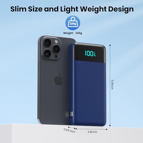 Portable Charger for iPhone with Built in Cables and Wall Plug (Dark Blue)