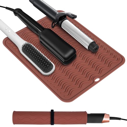 Heat Resistant Mat Oversize Curling Iron Mat Silicone Hot Hair Tools Mat for Hair Straightener (Brown)