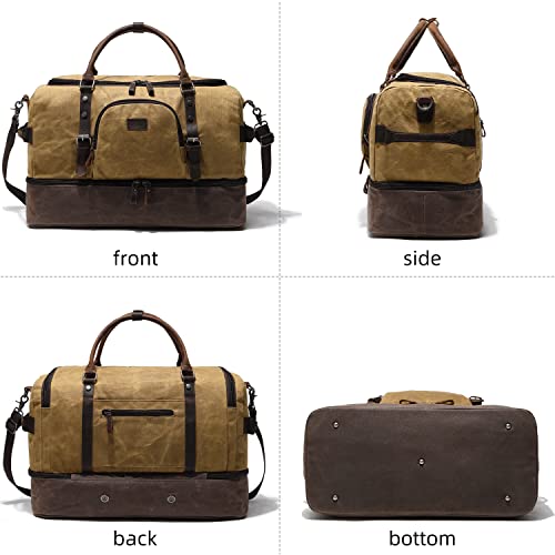Nerlion Weekender Bag with Shoe Compartment Large Overnight Bag for Men Canvas Genuine Leather Carry on Luggage Bag Travel Duffel Bag (Brown)