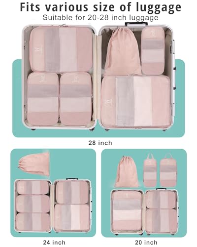 8 Set Space Saving Compression Packing Cubes Lightweight Packing Cube Pink (Pink / 8 Pcs(XL,L*2,M*2,S,laundry bag,shoes bag))