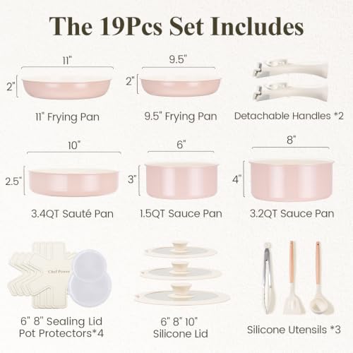 Ceramic Nonstick Pots and Pans Set 19 Piece with Detachable Handle (Light Pink)