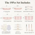 Ceramic Nonstick Pots and Pans Set 19 Piece with Detachable Handle (Light Pink)