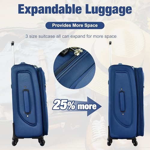 Softside Luggage Set Lightweight 3 Piece Suitcase with Duffel Bag (Softside Luggage(22/26/30) / Blue + bags)