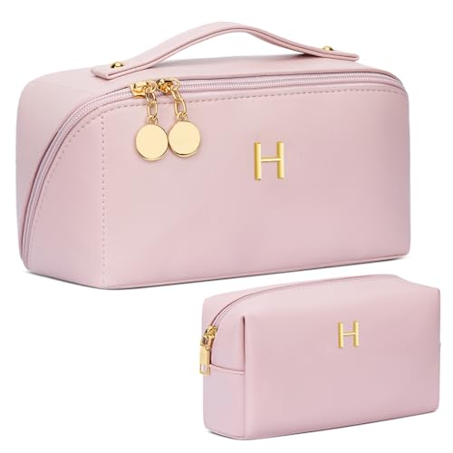 Initial Makeup Bag Personalized Gift for Women Teen Girls (Pink / H)
