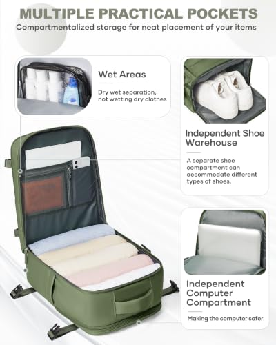 Travel Backpack Carry On for Women Man Gym Backpack with Laptop Compartment Mochila de Viaje Teacher Personal Item Backpacks Rucksack Airplane Accessories Must Haves (Gray Green / 20 liters)