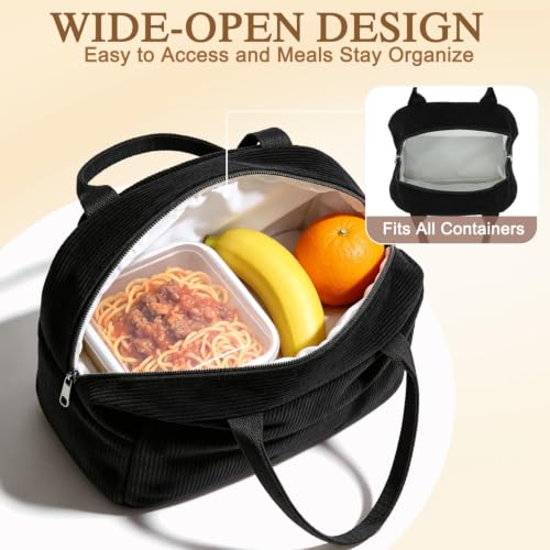 Lunch Bag for Women Insulated Lunch Box Corduroy Lunch Tote Cooler for Travel Work Picnic (Corduroy Black)