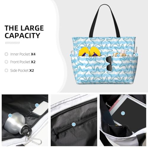 Waterproof Beach Tote Pool Bags for Women Ladies Extra Large Gym Tote Carry On Bag Wave starfish With Wet Compartment for Weekender Travel (Sea Wave)