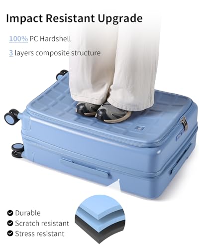 Expandable Top Opening 24 Inch Checked Luggage with Spinner Wheels (Blueberry Blue / Checked-Medium 24-Inch)
