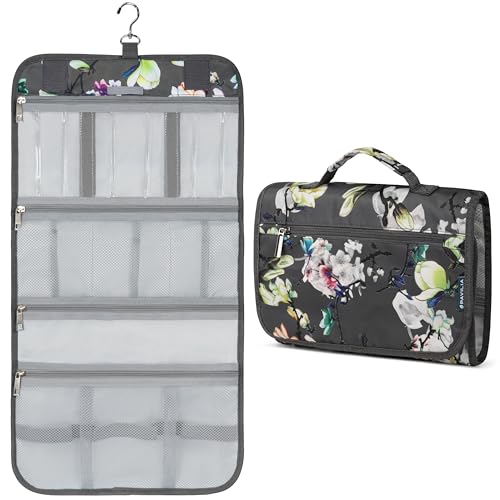 Hanging Toiletry Bag for Women Men Foldable Travel Organizer Floral (Grey Floral)