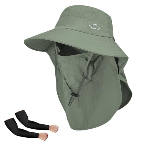 Sun Hat for Men Women with Neck Flap& Removable Face Cover Wide Brim (1pack-green/Arm Sleeves)