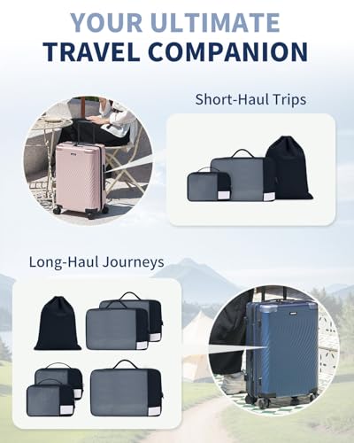 6 Set Packing Cubes for Travel Durable Suitcase Organizer Bags Set with Personalized Tag Travel Essentials with Shoe Bag Traveling Accessories for Luggage Machine Washable (Set of 6 / No Compress-Navy Blue)