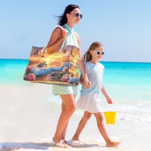 Large Beach Bags Totes Canvas Tote Shoulder Bag Soft Wave Water Resistant Bags for Gym Travel Daily Ocean (Sunset Turtle)