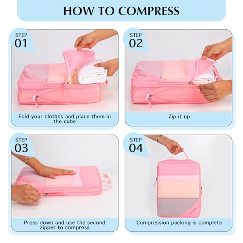 Compression Packing Cubes for Travel (Mesh/Pink / 7 Set)
