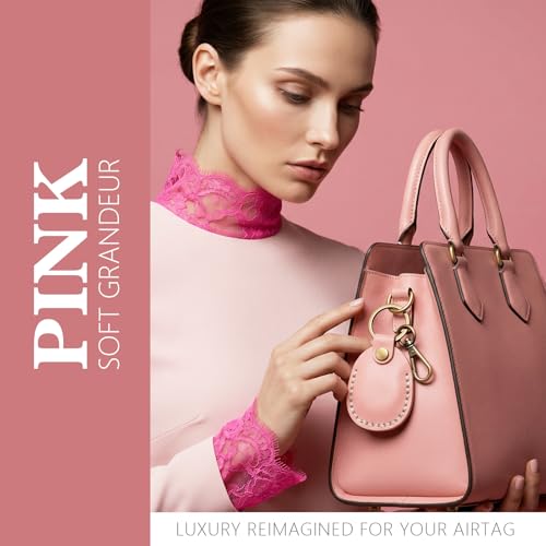 Genuine Leather Airtag Holder Compatible with Apple AirTag Keychain 2nd & 1st Gen (Pink)