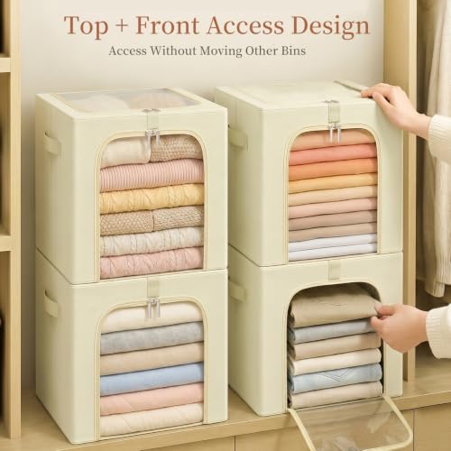 Blanket Storage Bins with Metal Frame for Closet (Beige / 55L)