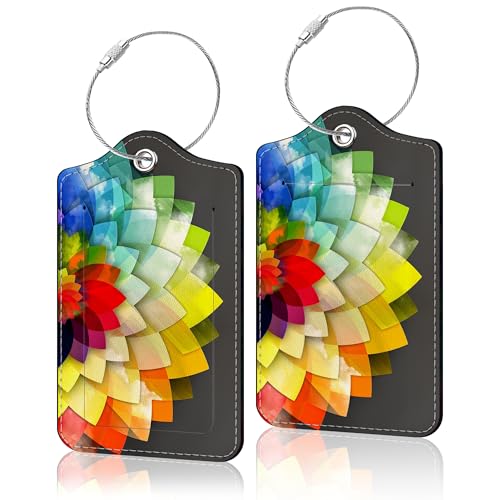 2 Pcs Luggage Tags for Suitcases PU Leather Luggage Tag with Privacy Cover Label Address Card and Durable Metal Ring Suitable for Suitcase Bag Handbags Backpacks Travel Accessories (Rainbow Flower)