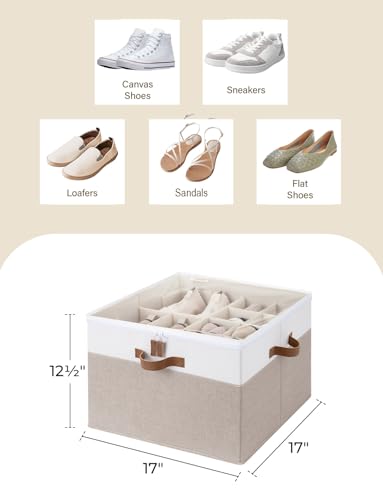 16 Pair Fabric Shoe Storage Box for Closet (Brown & White / Medium)