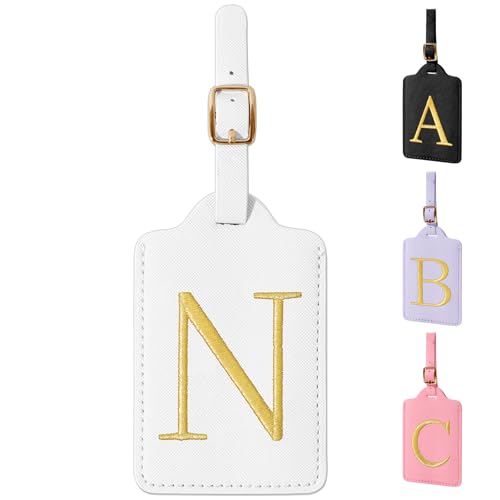 Personalized Initial Luggage Tags for Suitcase TSA Approved (White Leather,glod Letter / N)
