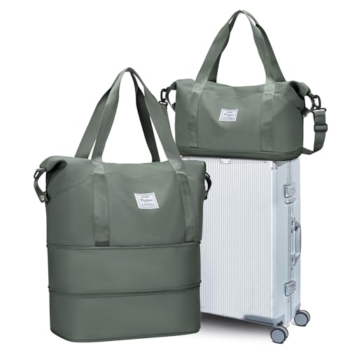 Large Travel Duffle Bag Carry On Weekender Bags for Women Men 18x14x8 Gym (A29-Green-2-layer Expansion / X-plus)