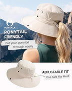 Sun Hats for Women Wide Brim Bucket Hat Ponytail Hole Outdoor UPF (Beige)