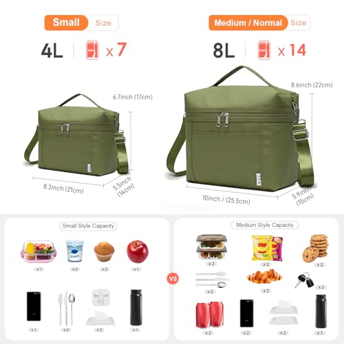 NOL Insulated Lunch Bags for Women Cooler Bag Lightweight Nylon Waterproof Lunch Box for Work (Amy green / Small (4 Liters))
