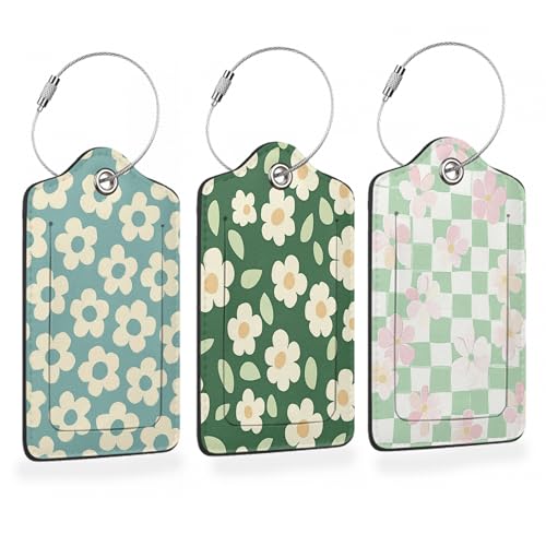 Vintage Cream Daisy 3 Pack PU Leahter Luggage Tag with Stainless Steel Loop (Vintage Cream Daisy)