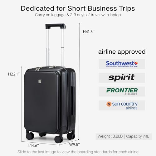 Grace Carry On Luggage with Wheels Airline Approved Hard Shell Suitcases with Front Pocket (Jet Black / 20 Inch-2)