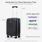 Grace Carry On Luggage with Wheels Airline Approved Hard Shell Suitcases with Front Pocket (Jet Black / 20 Inch-2)
