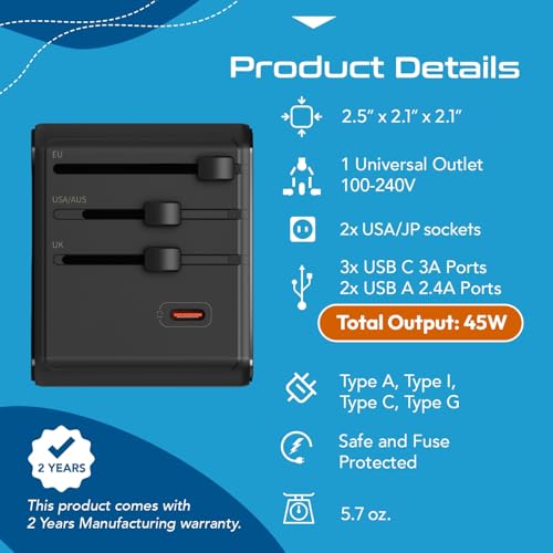 8 in 1 Universal Travel Adapter 45W (Black)