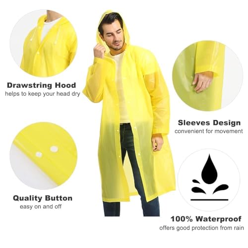 Reusable Rain Poncho with Hood and Sleeves for Adults (2pcs, Yellow)