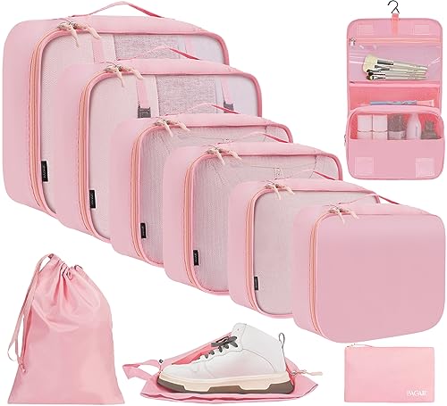 10 Set Packing Cubes Various Sizes Packing Organizer for Travel Accessories Luggage Carry On Suitcase (10-Pink / 10 Set-full Mesh)