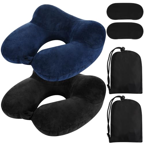 2 Inflatable Neck Pillow Airplane Travel (Black and Blue)