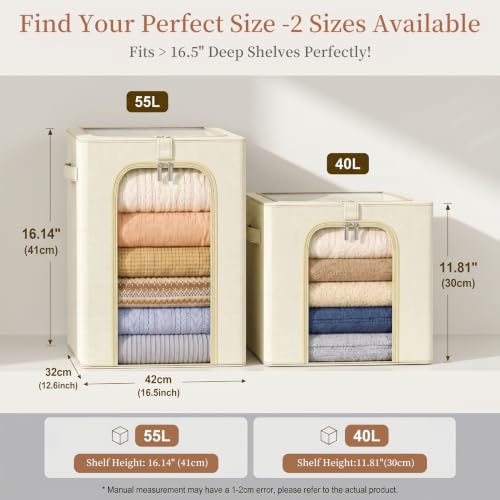 Clothes Storage Bins with Metal Frame for Closet (Beige / 40L)